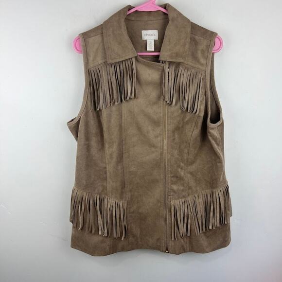 Chico's tan faux suede fringe vest festival womens size 2 US: Large - Picture 2 of 8